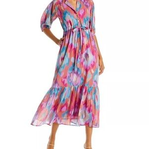 Banjanan Betty Abstract Ikat Print Pink Blue Medi Dress Organic Cotton Dress XL
